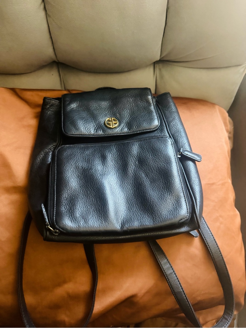 Giani Bernini Black Leather Backpack with Gold Logo Accent